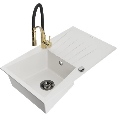 Mexen Cesar гранитна кухненска мивка с 1 корито, с отцеждаща повърхност и кухненски смесител Aster, бял - 6514-20-73450-57-B (6514-20-73450-57-B)