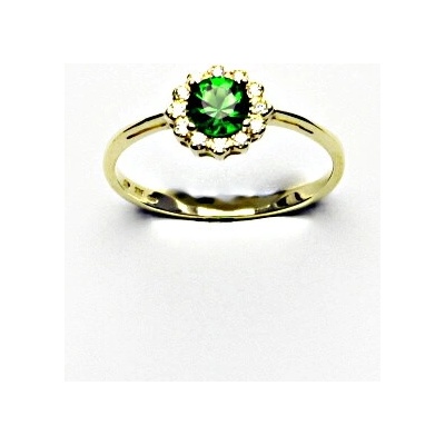 Čištín Zlatý prsten žluté zlato zirkon smaragd čiré zirkony T 1495