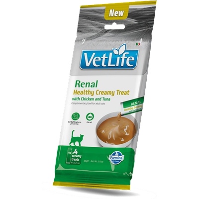 VET LIFE CAT Renal Creamy Treat with Chicken & Tuna за котки над 1 г. с бъбречни заболявания - лечебни кремообразни лакомства с пилешко и риба тон - 4 сашета х 15гр