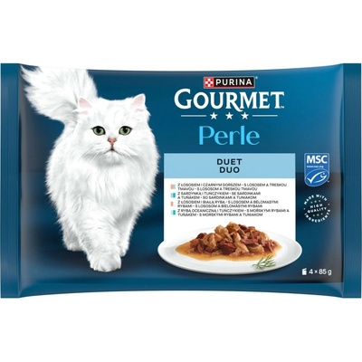 Gourmet Perle DUO losos a treska / morské ryby a tuniak / losos a ryby / sardinky a tuniak 4 x 85 g