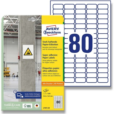 Avery Zweckform L7872-20 etikety s vysokou lepivostí 35,6 x 16,9 mm 1600 etiket bílé