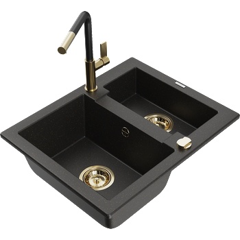 Mexen Carlos гранитна мивка 1, 5 камери с кухненски смесител Flora, черен/златен металик - 6518-75-670401-57-G (6518-75-670401-57-G)