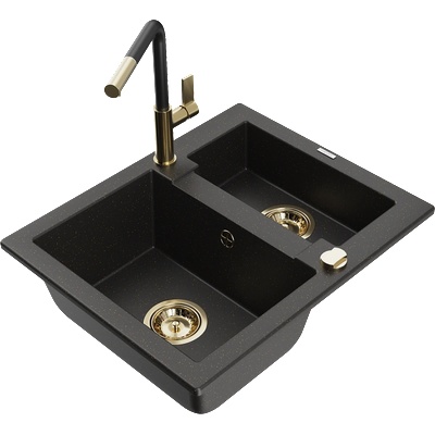 Mexen Carlos гранитна мивка 1, 5 камери с кухненски смесител Flora, черен/златен металик - 6518-75-670401-57-G (6518-75-670401-57-G)