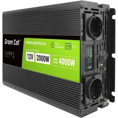 Green Cell Power Inverter LCD s displejem 12V/230V, 2000W/4000W, čistá sinusoida INVGC12P2000LCD