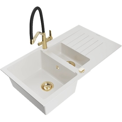 Mexen Matias гранитна мивка 1, 5-камерна с отцедник и кухненски смесител Duo, бял - 6502-20-671701-57-G (6502-20-671701-57-G)