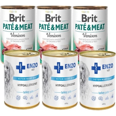 Brit Paté & Meat Venison 3 x 400 g & Enzo Vet Hypoalergénne krmivo s morkou 3 x 400 g