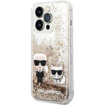 KARL LAGERFELD Liquid Glitter Karl and Choupette Case - дизайнерски кейс с висока защита за iPhone 14 Pro (прозрачен-златист)