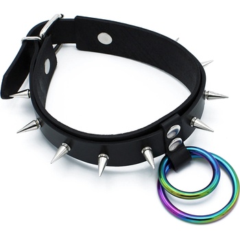 Kiotos Leather Spiked Collar Double Rainbow O-Ring Black