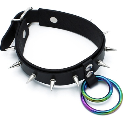 Kiotos Leather Spiked Collar Double Rainbow O-Ring Black