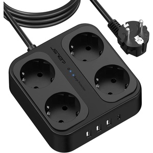 JSVER Разклонител JSVER PS4044, 4 гнезда, 3x USB-A, 1x USB-C, 3m кабел, черен (PS4044)