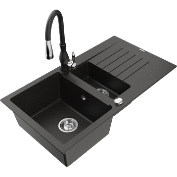 Mexen Matias гранитна мивка 1, 5-камерна с отцедник и кухненски кран Savita, черно/златно - 6502-75-672601-70 (6502-75-672601-70)