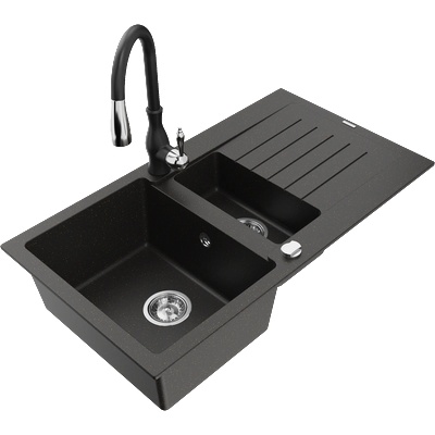 Mexen Matias гранитна мивка 1, 5-камерна с отцедник и кухненски кран Savita, черно/златно - 6502-75-672601-70 (6502-75-672601-70)