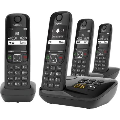 Gigaset AS690A Quattro - 4 cordless DECT telephones with answering machine - easy-to-read contrast display - brilliant audio sound - easy to use - do not disturb, black [German version] - 83167