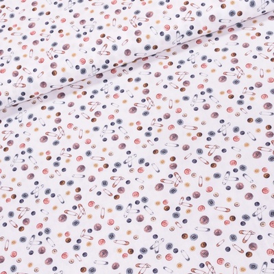 Bavlněné plátno TREND BOTONS-B 50 UNICO, knoflíky a zavírací špendlíky na smetanové / švadlenka, š.150cm (látka v metráži)