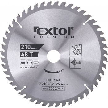 EXTOL PREMIUM pilový kotouč s SK plátky, 210x2,6x25,4mm, 48T, šířka SK plátků 3,2mm