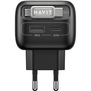 Havit - Зарядно за стена (UC251 EU) - Прибиращ се кабел Type-C, Type-C, USB, GaN, 35W - Черно / Сиво