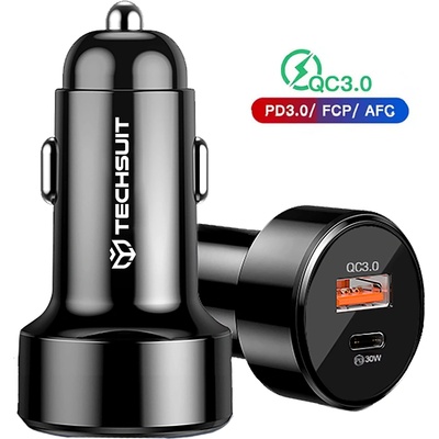 Techsuit Зарядно за кола USB-A QC 3.0 QC 18W, Type-C PD30W - Premium (TE-P31) - Черно
