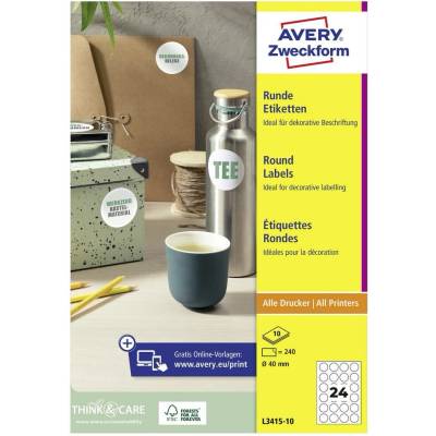 Avery-Zweckform L3415-10 Ø 40 mm papier biela 240 ks trvalé univerzálne etikety laser; L3415-10