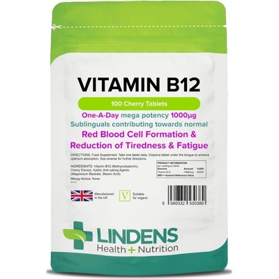 Lindens Health + Nutrition Vitamín B12 sublingvální Metylkobalamin 1000 µg 100 tablet