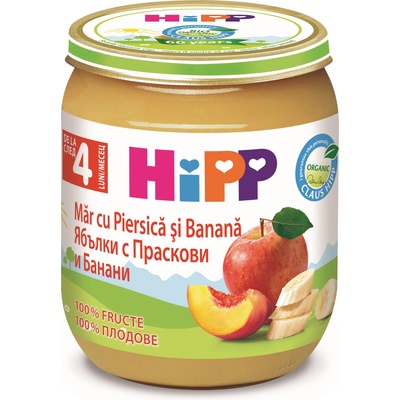 Hipp Био плодово пюре Hipp - Ябълка, банан и праскова, 125 g (RO4283-02-U)