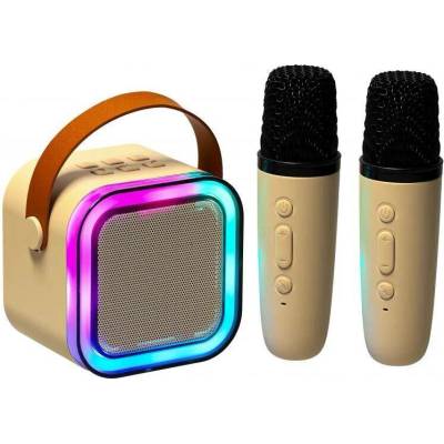 Karaoke set 2 mikrofony a přenosný reproduktor BLUETOOTH USB LED béžová barva