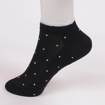 Дамски черни чорапи с бели точици и дантела