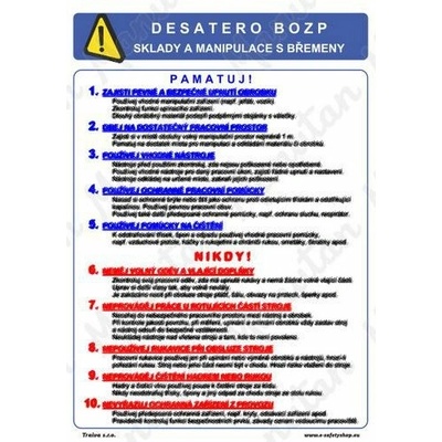 Desatero BOZP sklady a manipulace s břemeny, samolepka 297 x 420 x 0,1 mm A3