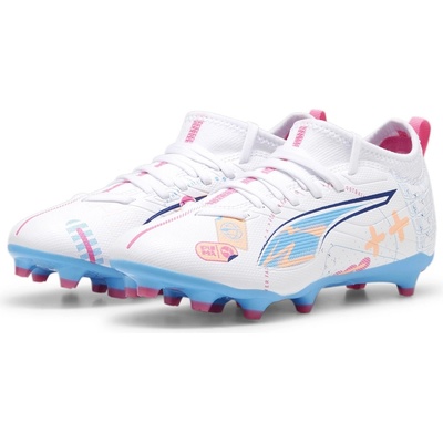 PUMA Детски футболни бутонки Puma Ultra 5 Match Volume Up Firm Ground Football Boots Childrens - White/Blue/Pink