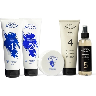 Tomas Arsov Podpora chladných tónov Sapphire šampón 250 ml + kondicionér 250 ml + maska 100 ml + Bonifire bezoplach. kondic. 250 ml + Hair Liquid keratin. voda 200 ml