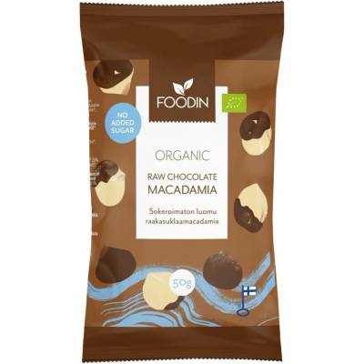 Foodin Raw makadamové ořechy v čokoládě, vegan bio bez přidaného cukru 50 g