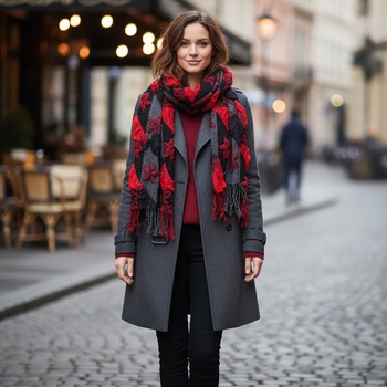 Зимен шал в червено и черно с ламе и ресни