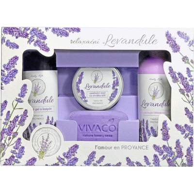 Vivaco Levandule prémium sprchový gel a šampon 250 ml +zvláčňující tělové mléko 250 ml +Tuhé mýdlo s levandulovým olejem 100 g + zjemňující mast na ztvrdlou kůži 100 ml