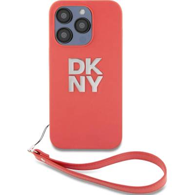 DKNY Stack Logo Wrist Strap Leather Hard Case - дизайнерски кожен кейс с връзка за носене за iPhone 14 Pro (червен)