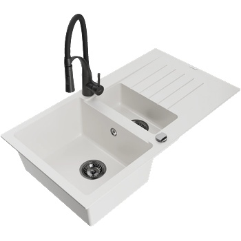 Mexen Matias мивка гранитна 1, 5-камерна с отцедник и кухненски кран Aster, бял - 6502-20-73450-70-B (6502-20-73450-70-B)