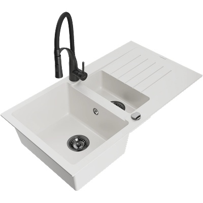 Mexen Matias мивка гранитна 1, 5-камерна с отцедник и кухненски кран Aster, бял - 6502-20-73450-70-B (6502-20-73450-70-B)