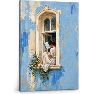 ARTMIE Obraz ženy čítajúcej knihu v okne na plátne – s ručne maľovanými detailmi - 60x90 cm