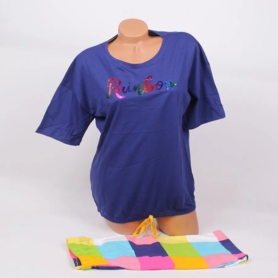 Дамска пижама в синьо с надпис и цветен кариран десен