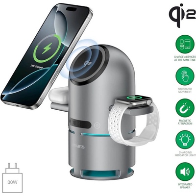 4smarts Безжичен спийкър с тройна поставка (пад) за безжично зареждане за iPhone с Magsafe и AirPods - 4smarts Qi2 ChargeBot Sound 3-in-1 Charging Station With Bluetooth Speaker (тъмносив) (541602)