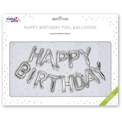 Balón, 40 cm, PUKKA PAD "Happy Birthday", strieborná
