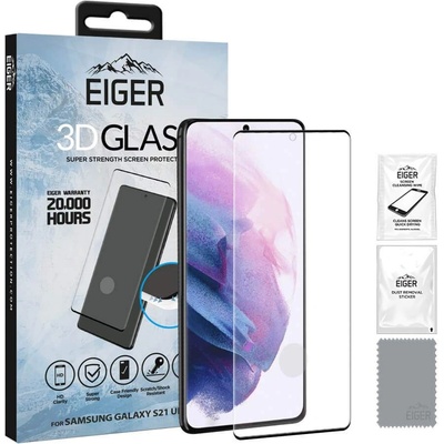 Eiger 3D Full Screen Tempered Glass - калено стъклено защитно покритие с извити ръбове за целия дисплея на Samsung Galaxy S21 Ultra (черен-прозрачен)