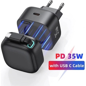 USAMS Захранване за ел. мрежа с USB-C  орт и вграден USB-C кабел - Usams GaN Wall Charger With Magnetic Retractable USB-C Cable 35W (черен) (US-CC202)
