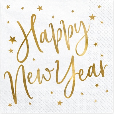 Party Papierové servítky Happy New Year biele so zlatými hviezdami 33x33 cm