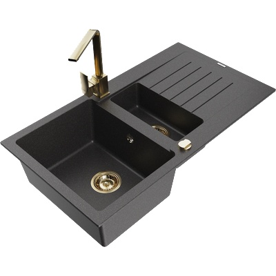 Mexen Matias гранитна кухненска мивка с 1, 5 камери с отцедник и кухненски смесител Rita, черен на пръски - 6502-76-670300-50 (6502-76-670300-50)