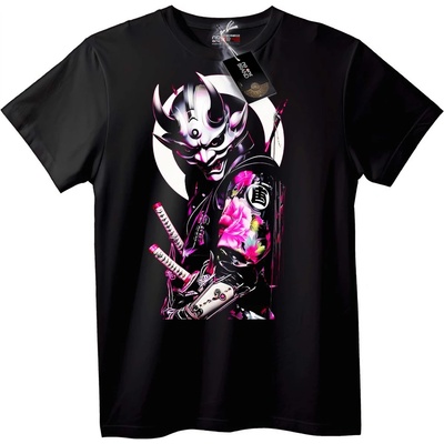 NOONEBRAND Тениска Самурай Маска и Розови Цветя - XS, Black