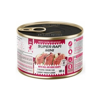 Super Rafi Mini s teľacím mäsom a srdcami z husí pre psov malých plemien185 g