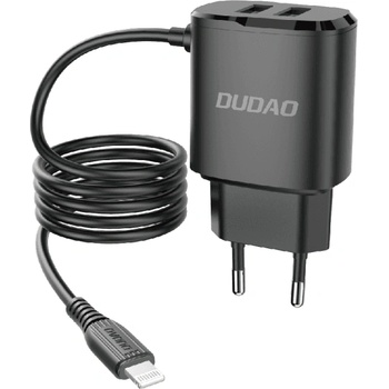 Dudao Мрежово зарядно Dudao A2prol с 2 порта, вграден Lightning кабел, черен (A2ProL black)