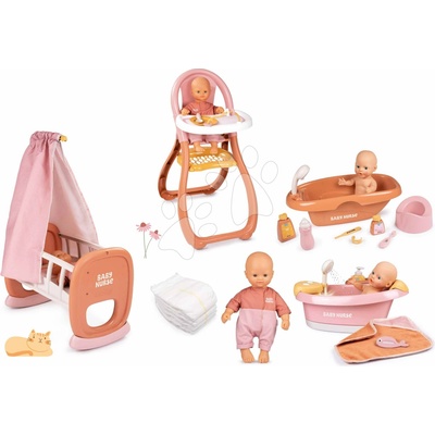 Smoby Set v dupačkách v kolíske Doll Baby Nurse s plienkami a vanička s funkčnou sprchou a jedálenská stolička