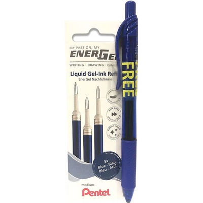 Pentel Писалка с пълнител 3бр. /пак 0, 35 мм, Pentel EnerGel, цвят за писане син + 1 подарък BL107-CX синя писалка EnerGel (LR7-3C-PROMO)