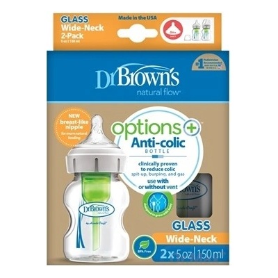 Dr. Brown’s dojčenská Antikoliková Options+ sklenená Wide Neck 2 ks WB52700-P2 150ml