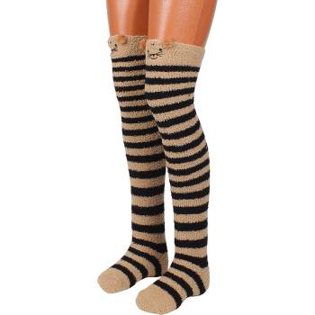 Image 1 of Дамски пухкави раирани чорапи в черно и кафяво